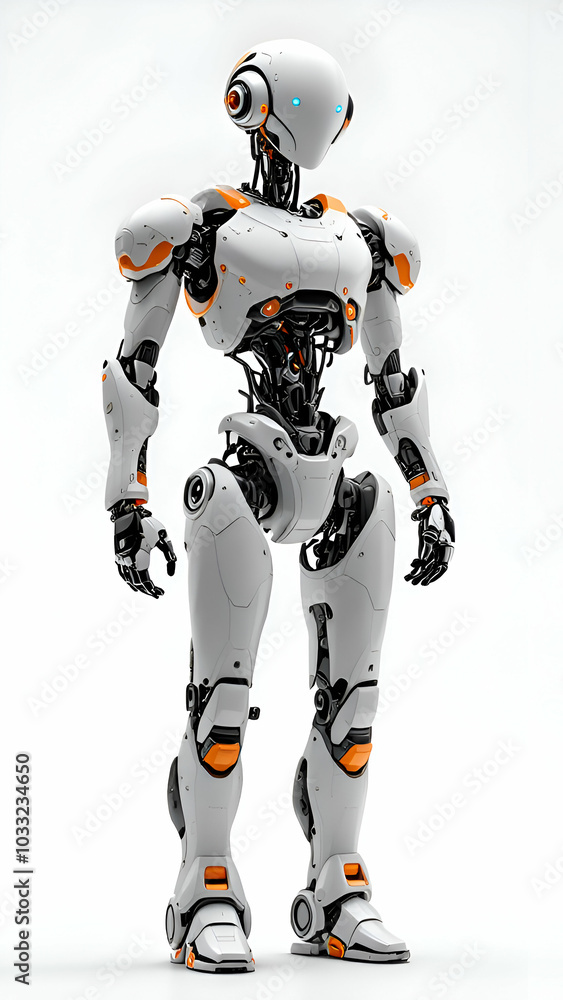 A white and orange futuristic robot with visible mechanical joints stands upright on a white background, its arms at its sides and its head tilted slightly forward. A white and orange futuristic robot with visible mechanical joints stands upright on a white background, its arms at its sides and its head tilted slightly forward.