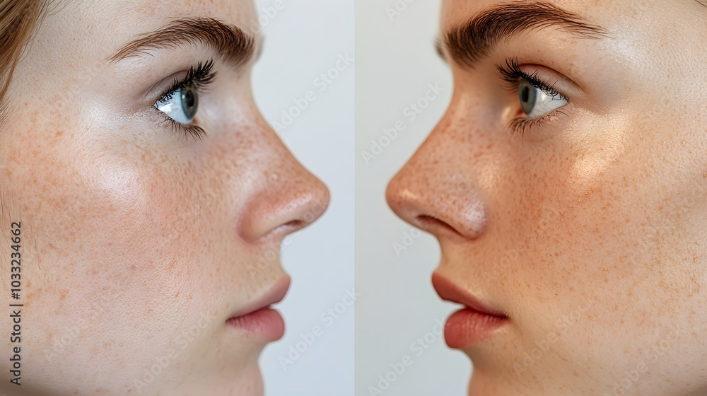 Obraz premium Side-by-side profile comparison of a patient's nose before and after rhinoplasty, focusing on the smoothened bridge and refined tip, Realistic Style, High Detail