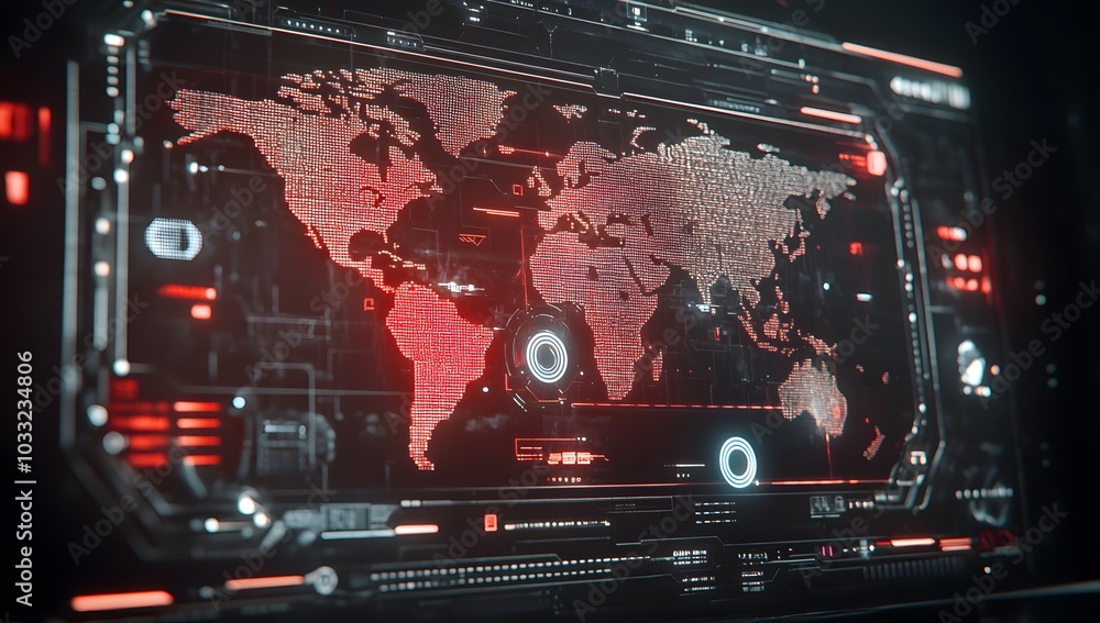 Obraz premium Cinematic shot of a futuristic screen with a digital world map, a hologram interface in the center, in red and black colors,