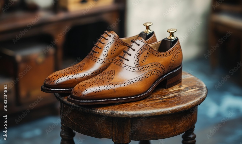 Brown leather brogues on wooden table. Brown leather brogues on wooden table.