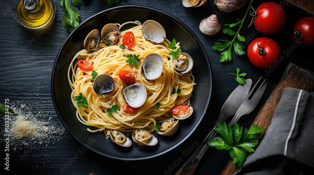 Luxurious Spaghetti Alle Vongole on Black Plate Luxurious Spaghetti Alle Vongole on Black Plate