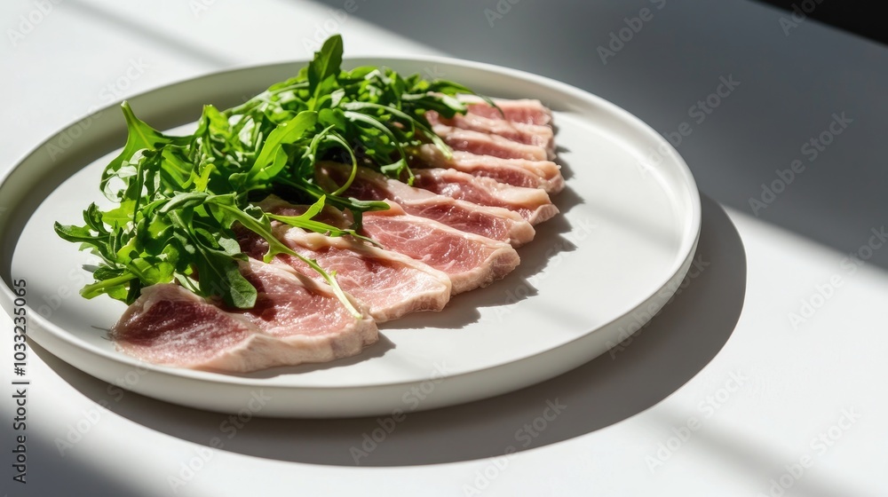 Minimalist Presentation of Sliced Meat and Greens Minimalist Presentation of Sliced Meat and Greens