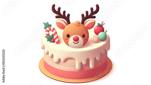 Kawaii Reindeer Cake with Christmas Candy and Ornaments, christmas cake vector graphics illustration