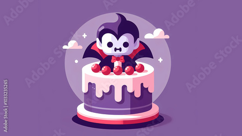 Kawaii Vampire Cake with Red Berries, halloween cake vector graphics illustration