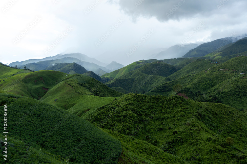 Fototapeta premium Top view Morning Mist and Viewpoint with Layers of Mountains