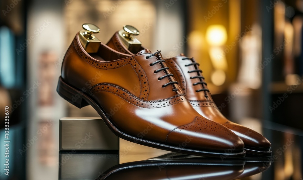 Brown leather dress shoes on display. Brown leather dress shoes on display.