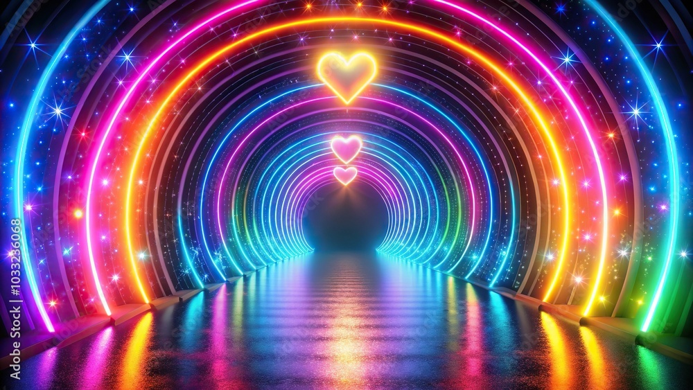 Abstract background with heart and star shapes in a rainbow neon glowing tunnel Abstract background with heart and star shapes in a rainbow neon glowing tunnel