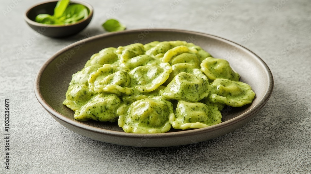 Creamy Spinach Ravioli Served on Elegant Plate Creamy Spinach Ravioli Served on Elegant Plate
