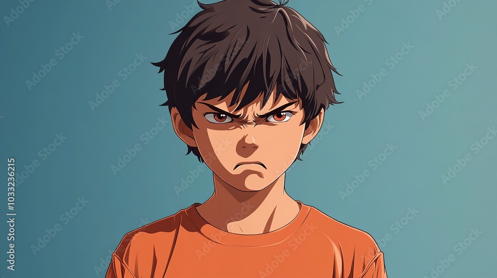 Obraz premium Realistic depiction of a 16-year-old boy in an angry mood, with a fierce expression and tense posture, against a simple, color-focused background. Shows intensity. High resolution Illustration, in