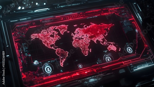 Cinematic shot of a futuristic screen with a digital world map, a hologram interface in the center, in red and black colors,