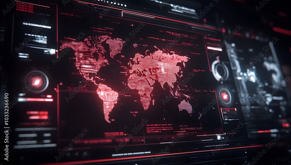Fototapeta premium Cinematic shot of a futuristic screen with a digital world map, a hologram interface in the center, in red and black colors,