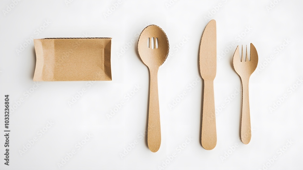 disposable eco tableware made of cardboard spoon fork knife Sustainable planet, on a white background to insert the layout. disposable eco tableware made of cardboard spoon fork knife Sustainable planet, on a white background to insert the layout.