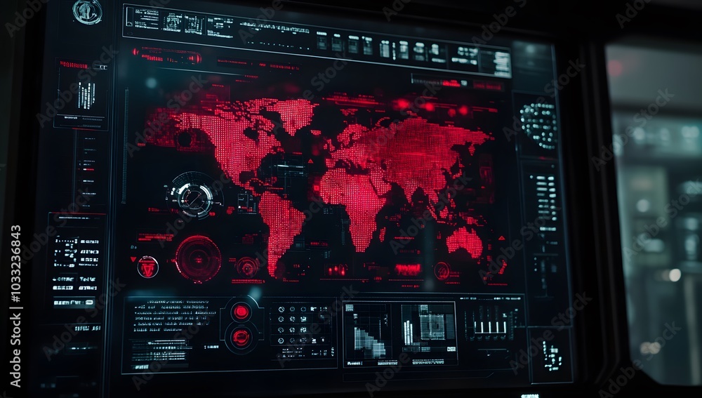 Obraz premium Cinematic shot of a futuristic screen with a digital world map, a hologram interface in the center, in red and black colors,