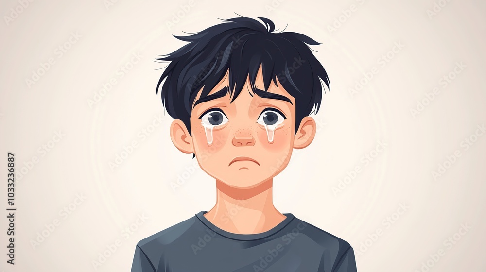 Portrait of a 14-year-old boy crying, with visible tears and a distressed look, set against a clean, simple background. Highlights emotional vulnerability. High resolution Illustration, in the style Portrait of a 14-year-old boy crying, with visible tears and a distressed look, set against a clean, simple background. Highlights emotional vulnerability. High resolution Illustration, in the style