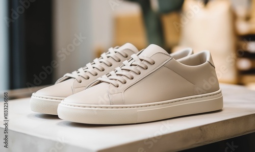 Two white leather sneakers on a counter.