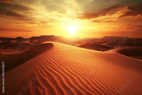 A scenic sunset over a vast desert landscape, featuring rolling sand dunes and a fiery sky.