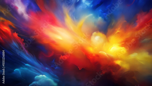 Abstract vibrant explosion of colors in red, yellow, and blue hues