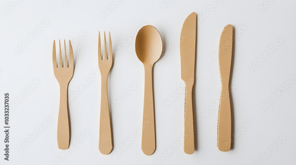 disposable eco tableware made of cardboard spoon fork knife Sustainable planet, on a white background to insert the layout. disposable eco tableware made of cardboard spoon fork knife Sustainable planet, on a white background to insert the layout.