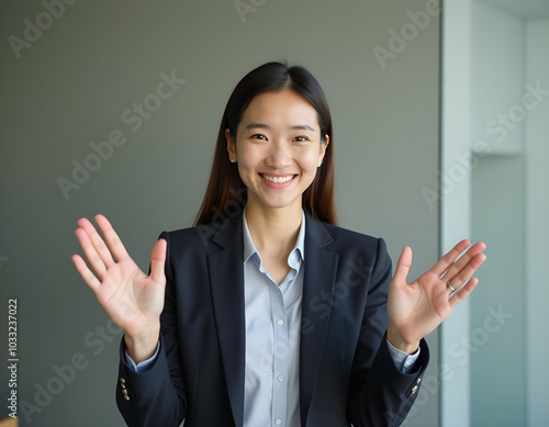 A woman in a suit is waving to the camera.