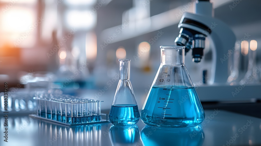Laboratory Setting with Blue Liquid in Flasks and Test Tubes Laboratory Setting with Blue Liquid in Flasks and Test Tubes