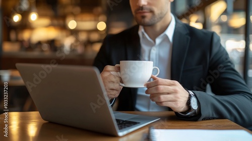 Man Working on Laptop with Coffee in Cafe