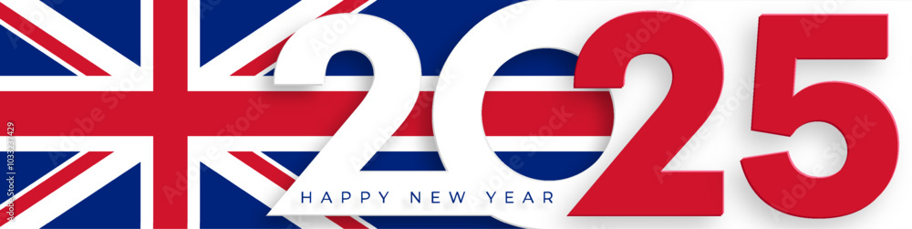 Happy New Year 2025, festive pattern with British flag concept Happy New Year 2025, festive pattern with British flag concept