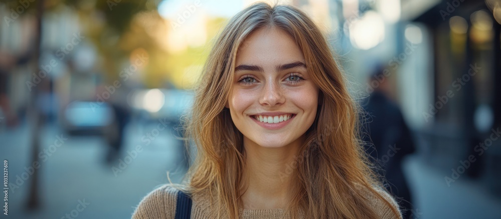 Young woman with long blond hair smiling in a city setting. Young woman with long blond hair smiling in a city setting.