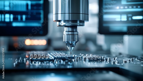 Close-up of an advanced rendering machine casting and laser etching on the wafer for integrated circuit chips photo