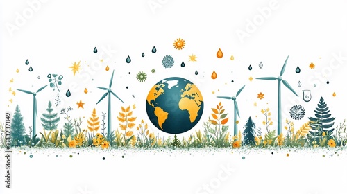 Modern Earth Day design a clean simple globe and eco symbols like wind turbines trees and water drops emphasizing environmental awareness ecology and sustainable living on a white backdrop photo