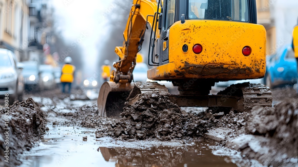 Mini Excavator Digging and Excavating in Compact Urban Construction Site and Development Area Mini Excavator Digging and Excavating in Compact Urban Construction Site and Development Area