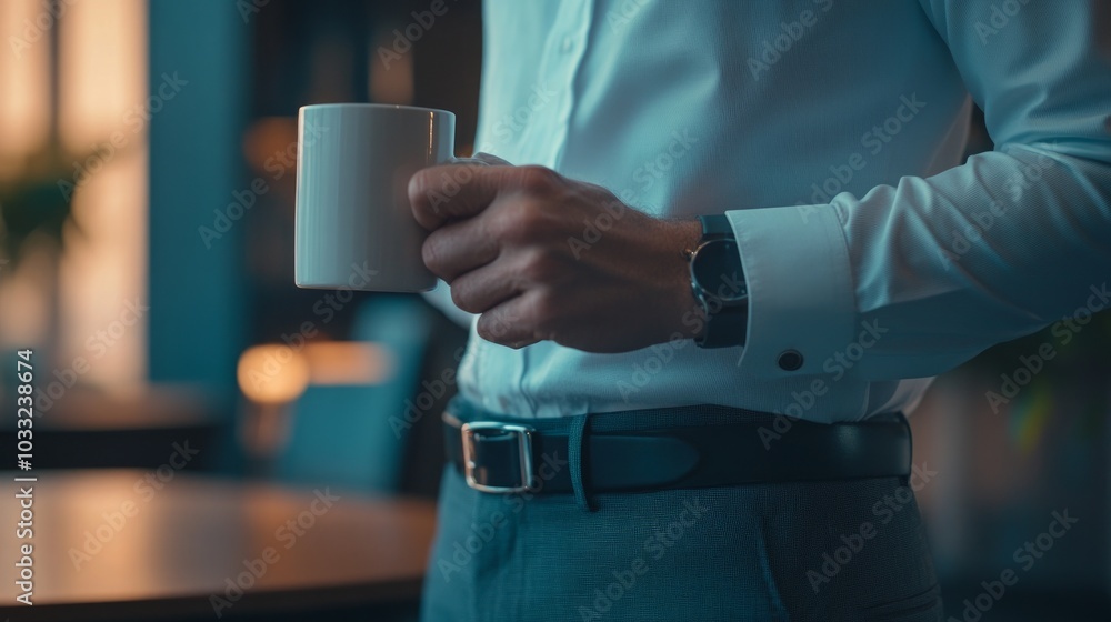 Man in White Shirt Holding Coffee Cup - Stylish Business Attire Man in White Shirt Holding Coffee Cup - Stylish Business Attire