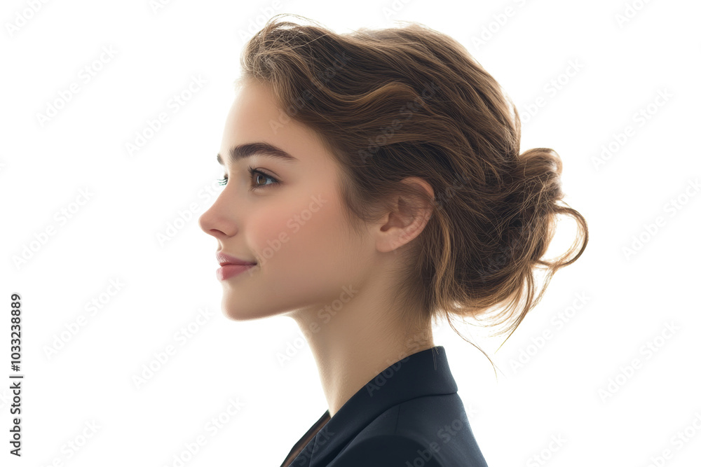 Fototapeta premium A professional young woman in profile exuding confidence and elegance, showcasing a modern hairstyle and attire.
