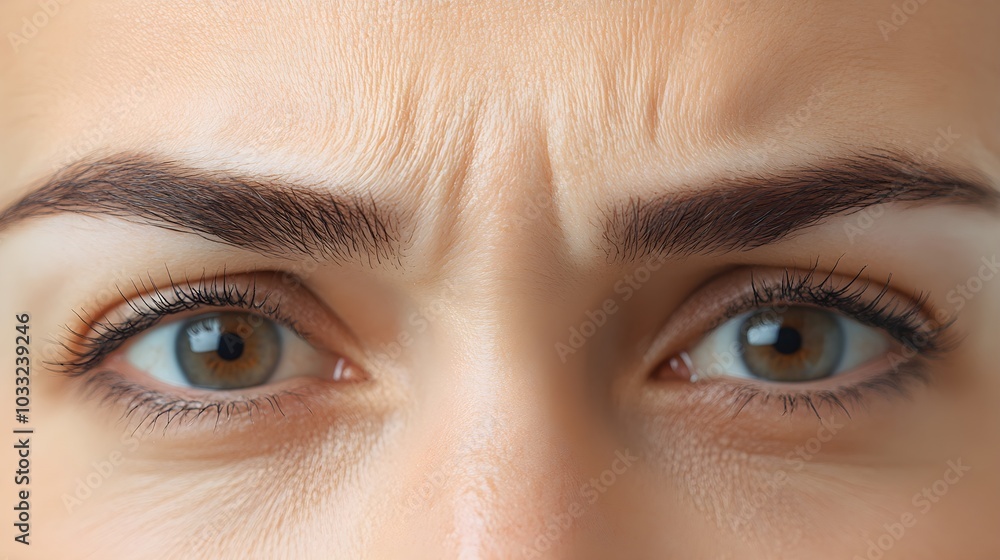 Fototapeta premium Botox blog post emphasizing smoother skin around the forehead and eyes, with comparison photos before and after treatment, showcasing its anti-aging benefits