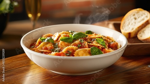 Steaming Bowl of Ravioli with Fresh Herbs