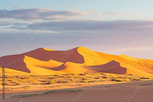 Golden sand dunes at sunrise with a beautiful sky.