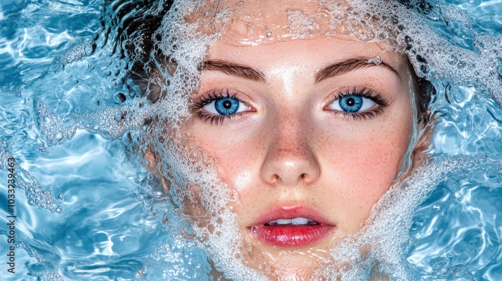 Woman's Face Submerged in Sparkling Water with Bubbles Woman's Face Submerged in Sparkling Water with Bubbles