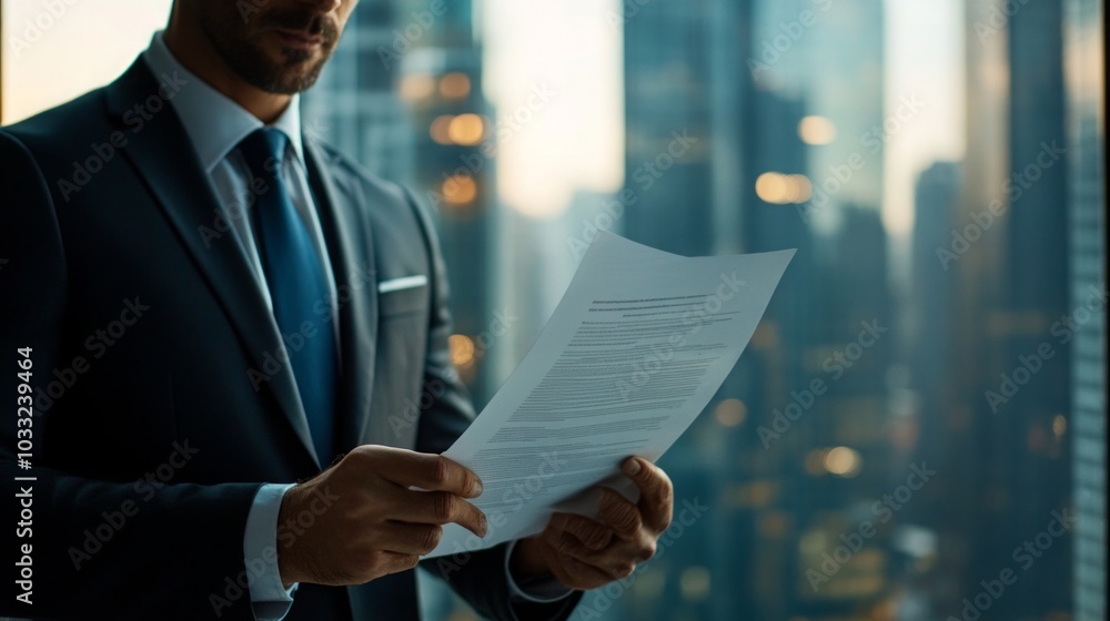 Businessman Reviewing Contract in Office Businessman Reviewing Contract in Office