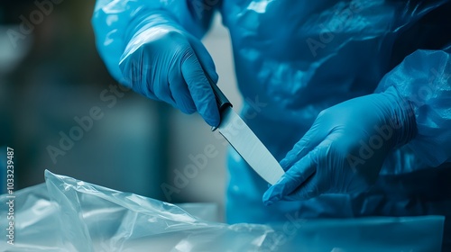 Gloved Hands Holding a Knife Against a Blue Background