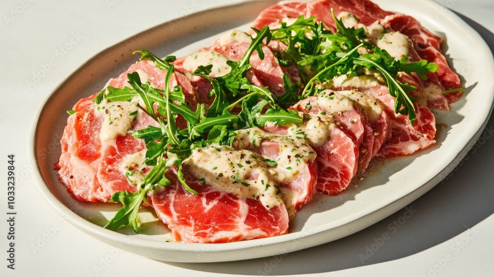 Striking Presentation of Vitello Tonnato in Gourmet Style Striking Presentation of Vitello Tonnato in Gourmet Style