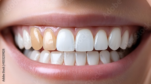 Step-by-step teeth whitening transformation, showing discoloration fading over time, revealing a bright smile in the final frame, Realistic, Smooth Transition, Bright Background