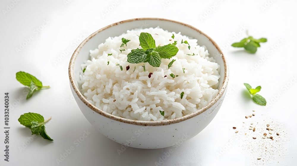 bowl full of rice with mint on white background. bowl full of rice with mint on white background.