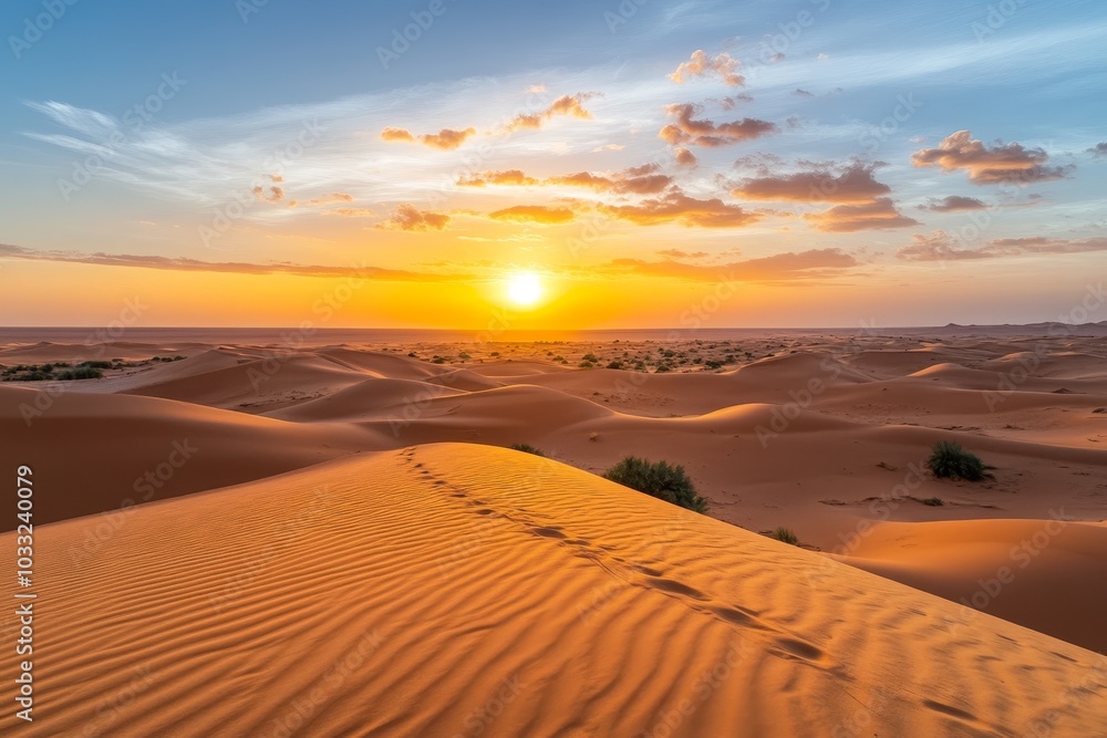 A vibrant sunset casts a warm glow over a vast desert landscape, with rolling sand dunes and scattered vegetation. A vibrant sunset casts a warm glow over a vast desert landscape, with rolling sand dunes and scattered vegetation.