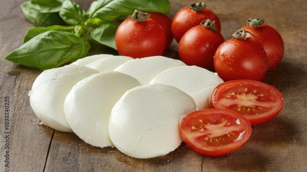 Fresh Mozzarella and Tomatoes on Wooden Table Fresh Mozzarella and Tomatoes on Wooden Table