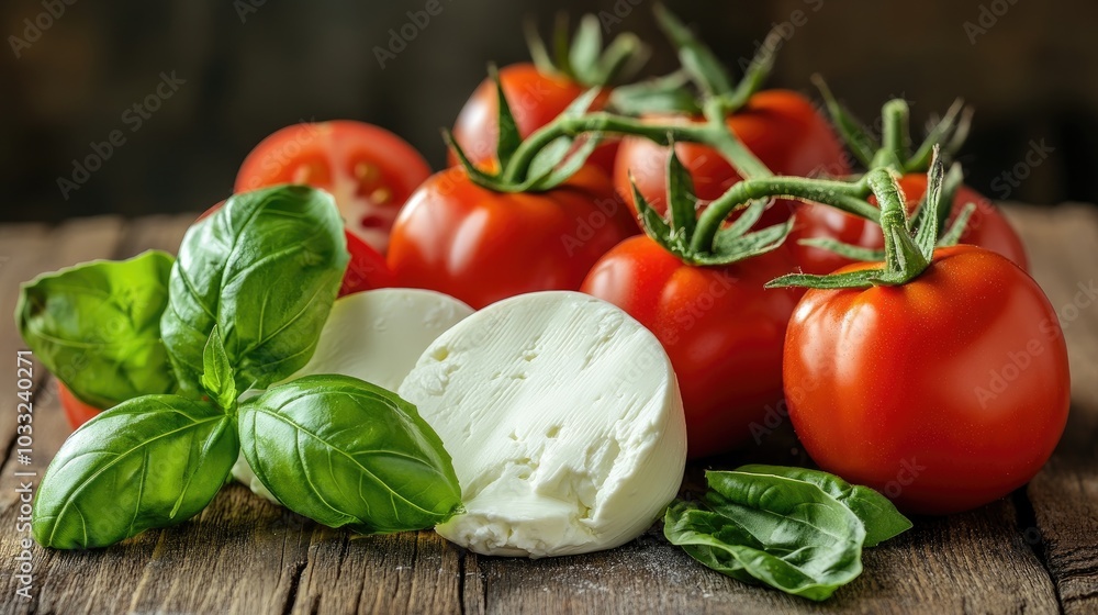Fresh Mozzarella with Basil and Tomatoes on Wooden Table Fresh Mozzarella with Basil and Tomatoes on Wooden Table