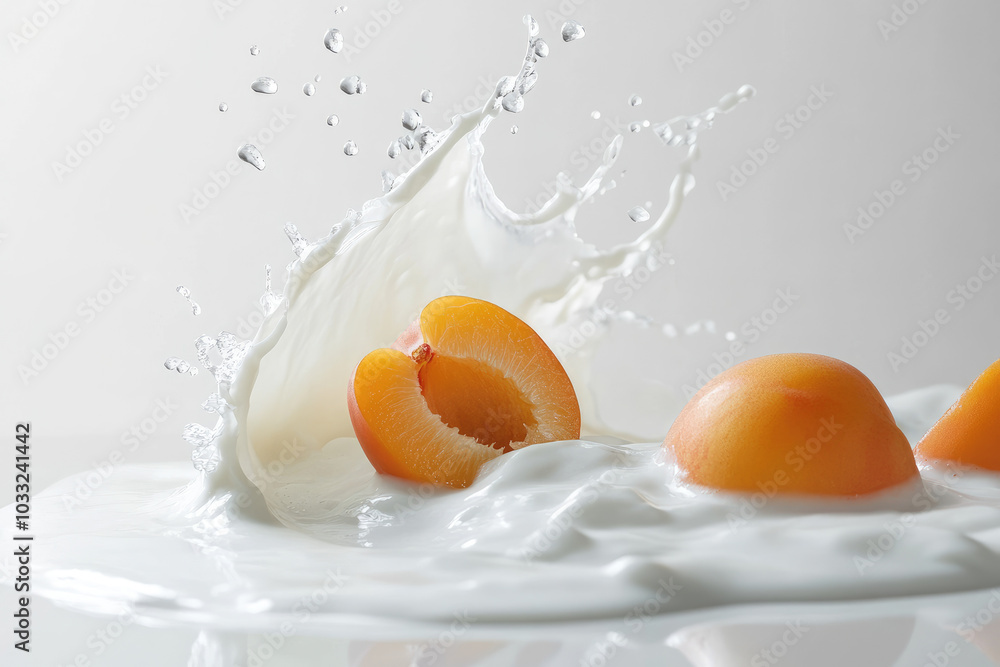 Apricot Splash in Creamy Yogurt, vibrant apricot pieces cascading into smooth sour cream, creating a delightful contrast on a clean white backdrop