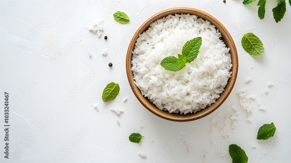 bowl full of rice with mint on white background. bowl full of rice with mint on white background.