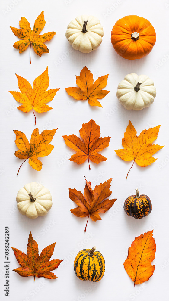 Obraz premium autumn leaves and pumpkins on white background flatlay
