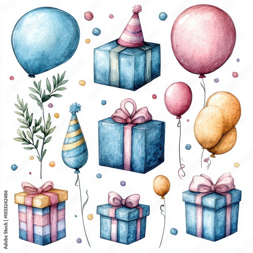 Φωτογραφία Watercolor style illustration of gift box, balloon, party decoration, colorful, cute style on white background