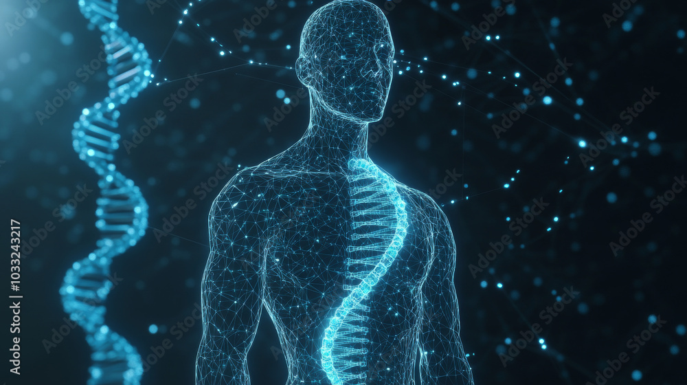 The idea of how technology is improving, shown by the DNA symbol connected to the human body.low poly digital wireframe. The idea of how technology is improving, shown by the DNA symbol connected to the human body.low poly digital wireframe.