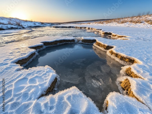 Stunning Symmetrical Ice Formations on a Frozen River Create Winter's Natural Artwork, A Symphony of Ice, Frost, and Symmetry in Icy River Patterns